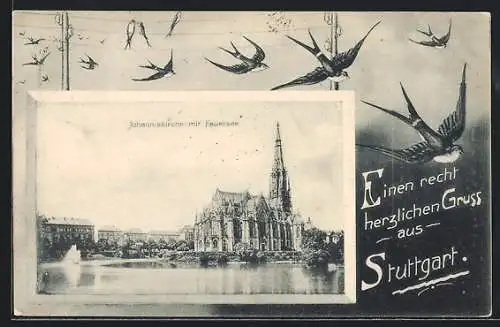 AK Stuttgart, Johanniskirche mit Feuersee, Schwalben
