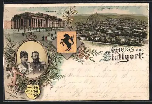 Lithographie Stuttgart, König Wilhelm II. von Württemberg, Königsbau, Stadtpanorama, Wappen