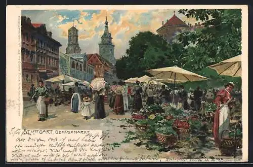 Künstler-AK Fritz Bergen: Stuttgart, Gemüsemarkt mit geschäftigem Treiben