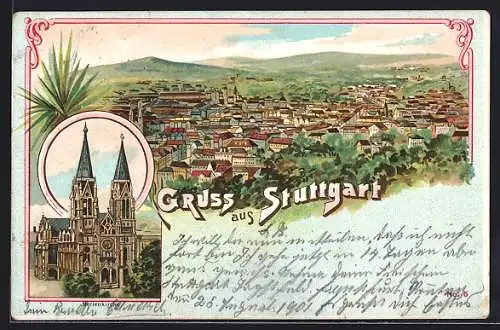 Lithographie Stuttgart, Marienkirche, Blick auf die Stadt
