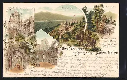 Lithographie Baden-Baden, Altes Schloss Hohen-Baden, Rittersaal, Felsenbrücke