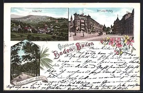 Lithographie Baden-Baden, Lichtenthaler Allee, Leopoldsplatz, Ortspanorama