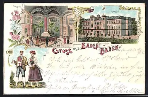 Lithographie Baden-Baden, Landesbad, Innenansicht, Paar in Tracht
