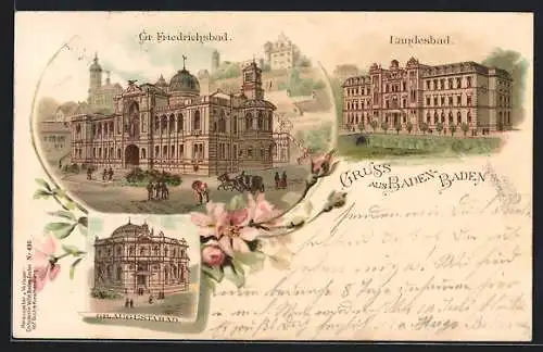 Lithographie Baden-Baden, Gr. Friedrichsbad, Gr. Augustabad, Landesbad, Blumenverzierung