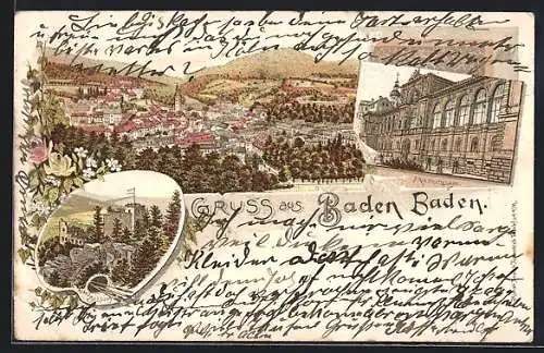 Lithographie Baden-Baden, Friedrichsbad, Altes Schloss, Panorama