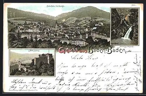 Lithographie Baden-Baden, Altes Schloss, Allerheiligen Wasserfall, Totalansicht