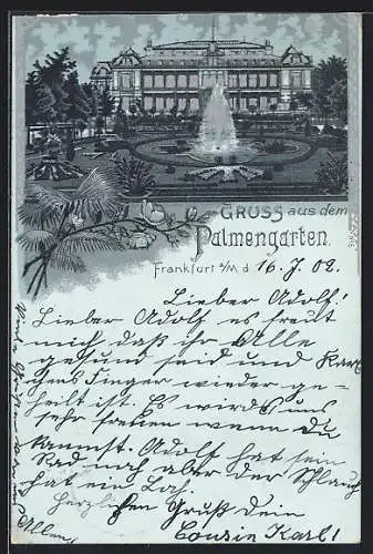 Mondschein-Lithographie Frankfurt-Westend, Palmengarten mit Brunnen