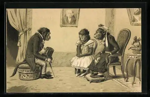 Künstler-AK Paris, Affe hält um die Hand der Affentochter an, vermenschlichte Tiere