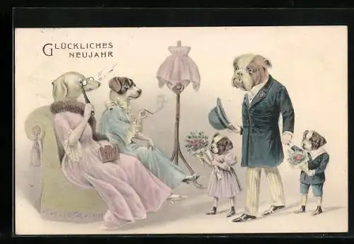 Künstler-AK Elegante Hundegesellschaft zu Neujahr