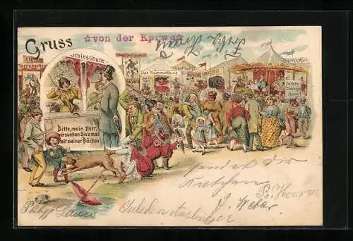 Lithographie Volksfest, Schiessbude, Mammutkind, Menagerie