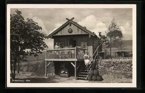 AK Geschäft Butterberg-Alm, Emailleschild Löwenbräu