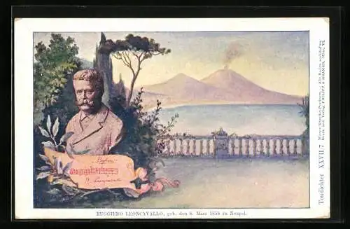 Künstler-AK Philipp + Kramer Nr. XXVII /7: Büste des Komponisten Ruggiero Leoncavallo, im Hintergrund der Vesuv