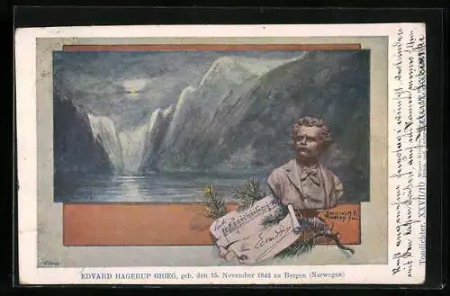Künstler-AK Philipp + Kramer Nr. XXVII /10: Büste des Komponisten Edvard Hagerup Grieg, Fjordlandschaft