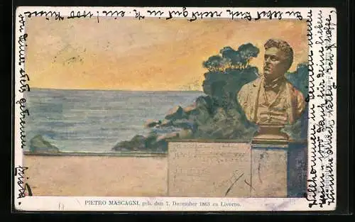 Künstler-AK Philipp + Kramer Nr. XXVII /8: Büste des Komponisten Pietro Mascagni auf einer Terrasse am Wasser