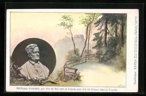 Künstler-Lithographie Richard Wagner, Büste und Feldweg