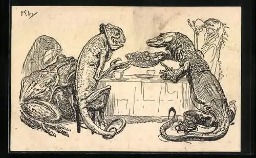 Künstler-AK Heinrich Kley, Simplicissimus: Reptilien beim Essen