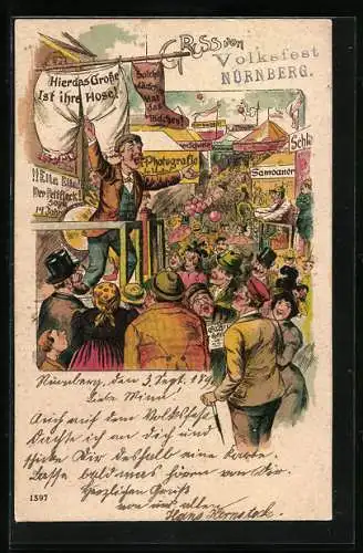 Lithographie Attraktion Dicke Ella auf einem Volksfest