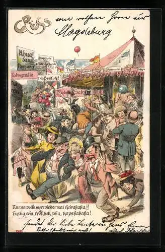 Lithographie Volksfest, Karrussell, Fotografie, Seekuh