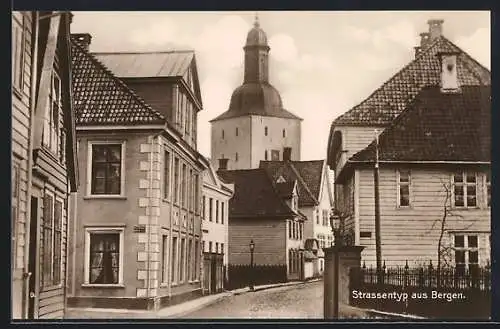 AK Bergen, Strassenpartie mit Holz- und Steinhäusern