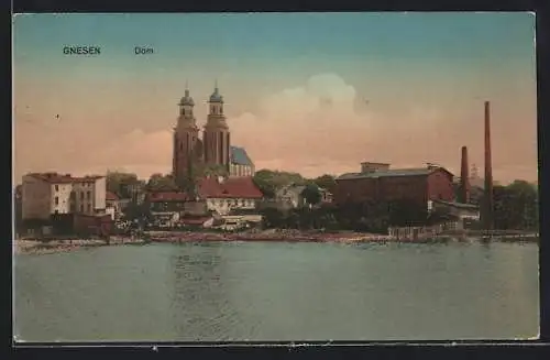 AK Gnesen, Blick vom Wasser zum Dom