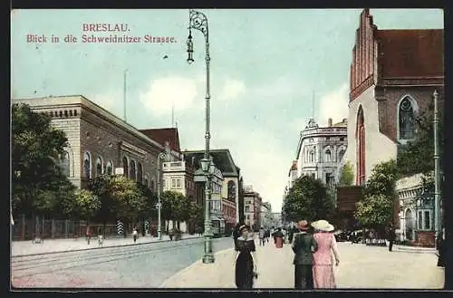 AK Breslau, Blick in die Schweidnitzer Strasse mit Passanten