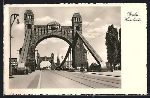 AK Breslau, Strassenbahnen auf der Kaiserbrücke