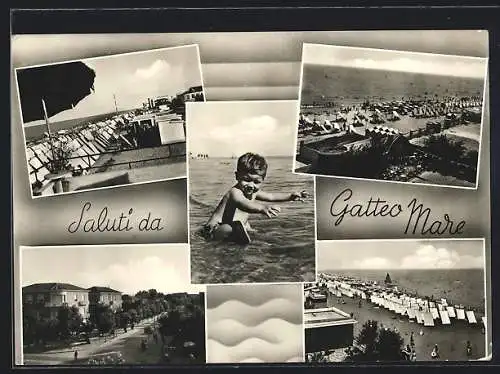 AK Gatteo Mare, Café und Partie am Strand, Kind im Wasser