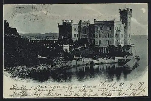 Mondschein-AK Triest, Blick auf das Schloss Miramare