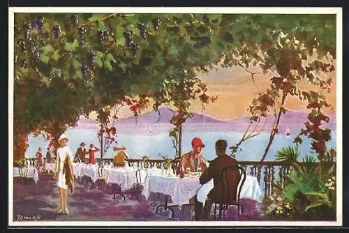 Künstler-AK Desenzano, Hotel due Colombe, Grande terrazza e Ristorante