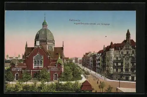 AK Kattowitz, August-Schneider-Strasse und Synagoge