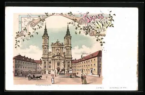 Lithographie Wien, Passanten vor der Piaristenkirche