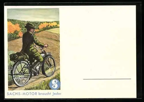 AK Reklame für Motorräder mit Sachs-Motor, Jäger auf seinem Motorrad