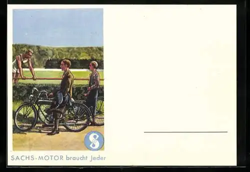 AK Reklame für Motorräder mit Sachs-Motor, Motorrad-Eigentümer wird von Kameraden bewundert