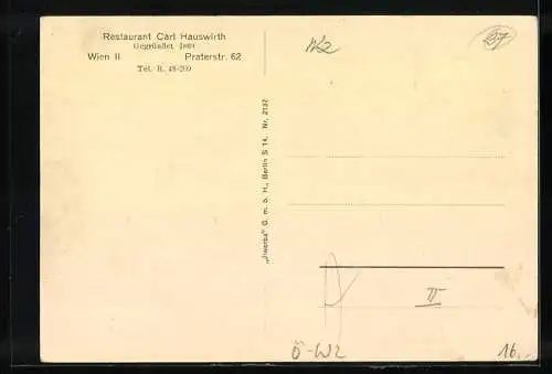 AK Wien, Restaurant Carl Hauswirth, Praterstrasse 62, Garten