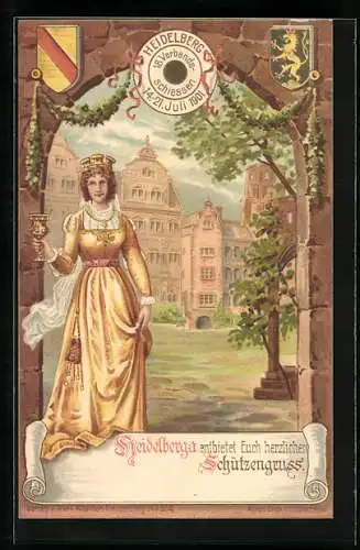 Lithographie Heidelberg, 18. Verbandsschiessen 1901, Partie im Schlosshof