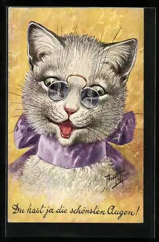 Künstler-AK Arthur Thiele: This is so sudden, Katze mit Zwicker und Schleife um den Hals