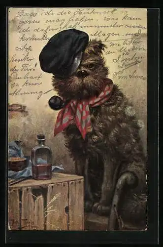 Künstler-AK Arthur Thiele: Terrier mit Pfeife und Schiebermütze