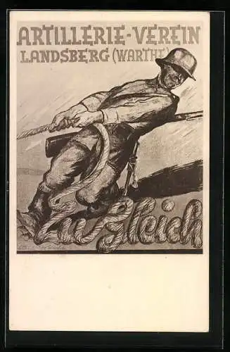 Künstler-AK Landsberg /Warthe, Artillerie-Verein, Soldat beim Tauziehen