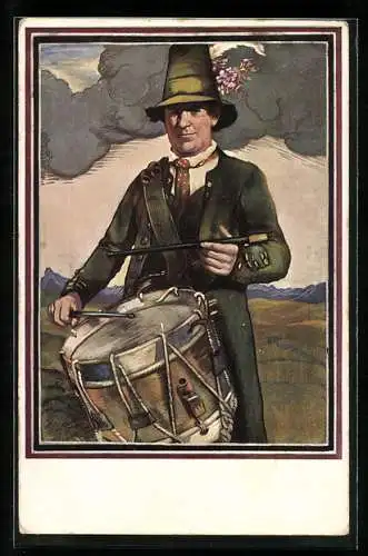 Künstler-AK München, Deutsches Bundesschiessen 1906, Trommler mit hohem Hut, Ganzsache Bayern 5 Pfennig