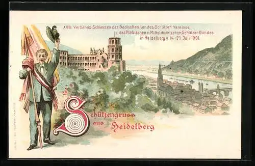 Lithographie Heidelberg / Neckar, 18. Verbands-Schiessen 1901 des Badischen Landes-Schützen Vereins, Panorama der Stadt