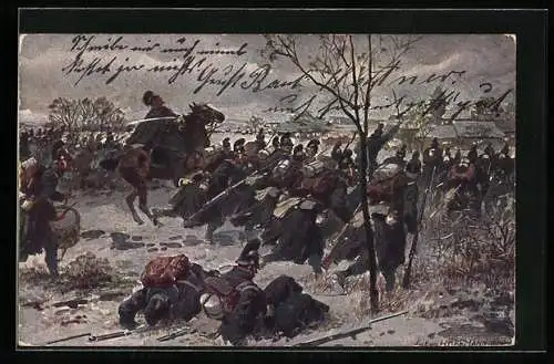 Künstler-AK Anton Hoffmann - München: Heldentod des Majors Endres beim Sturm auf Villechaumont 1870, Ganzsache Bayern