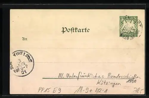 Lithographie Ganzsache Bayern PP15E9: Kitzingen, III. Unterfränkisches Bundesschiessen 1900