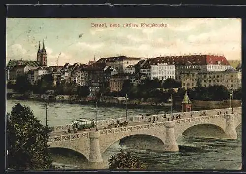 AK Basel, Mittlere Rheinbrücke mit Münster, Strassenbahn