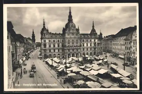 AK Graz, Hauptplatz mit Herrengasse und Strassenbahn