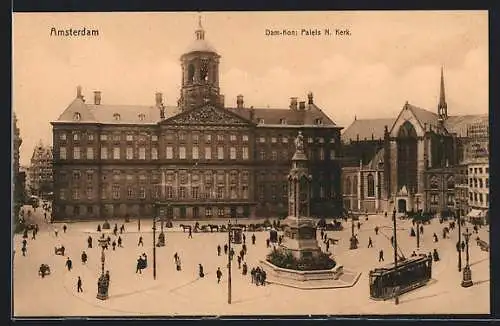 AK Amsterdam, Dam-Kon: Paleis N. Kerk, Strassenbahn