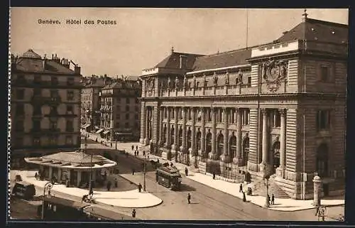 AK Genève, Hotel des Postes, Strassenbahn