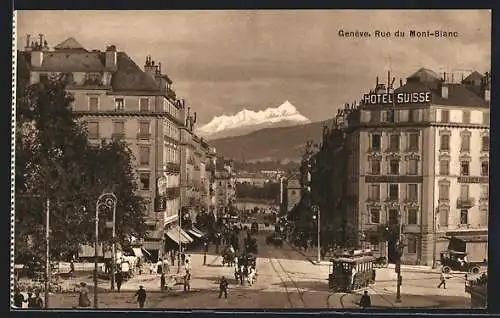 AK Genève, Rue du Mont-Blanc, Strassenbahn