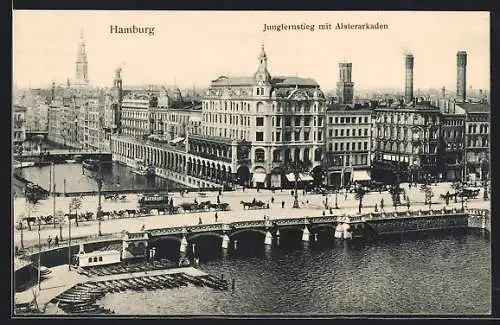 AK Hamburg, Jungfernstieg mit Alsterarkaden und Strassenbahn