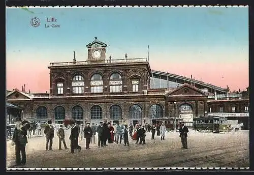 AK Lille, La Gare, Strassenbahn