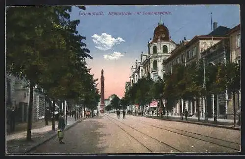 AK Darmstadt, Rheinstasse mit Ludwigssäule